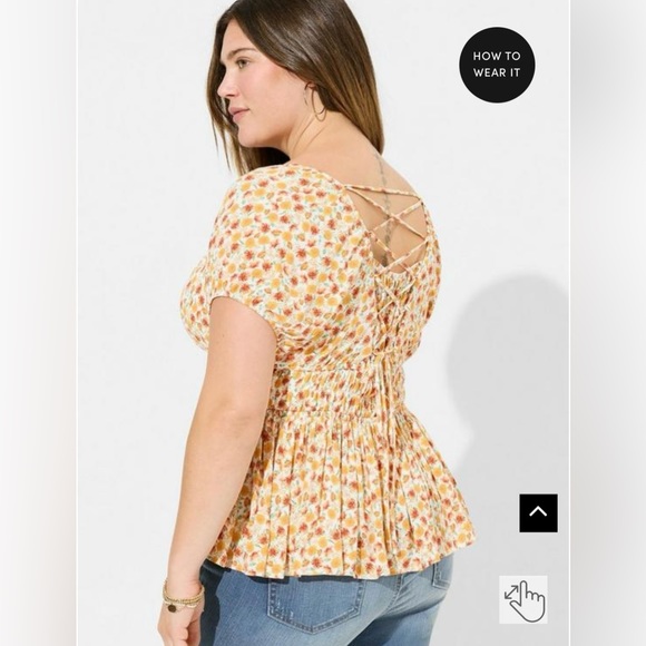 TORRID Womens Yellow Floral Crinkle Cris Cross Back Top, Boho Corset Back Blouse - Picture 2 of 6